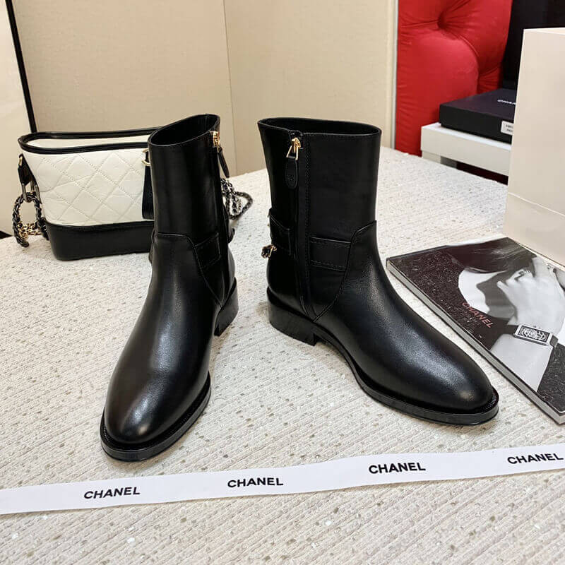 Ch**el Calfskin Chain Ankle Boots