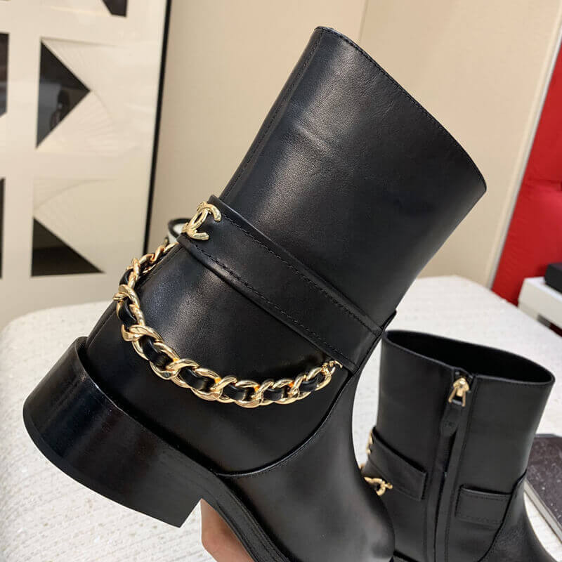 Ch**el Calfskin Chain Ankle Boots