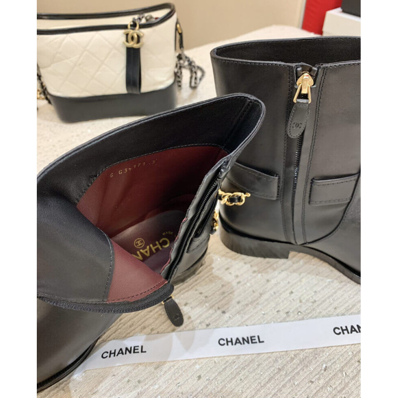 Ch**el Calfskin Chain Ankle Boots