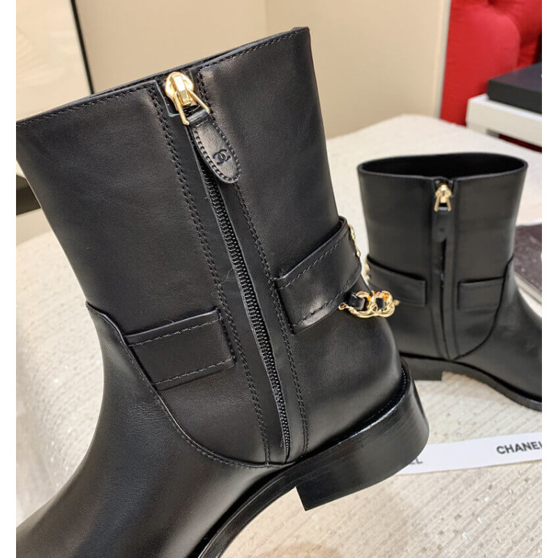 Ch**el Calfskin Chain Ankle Boots