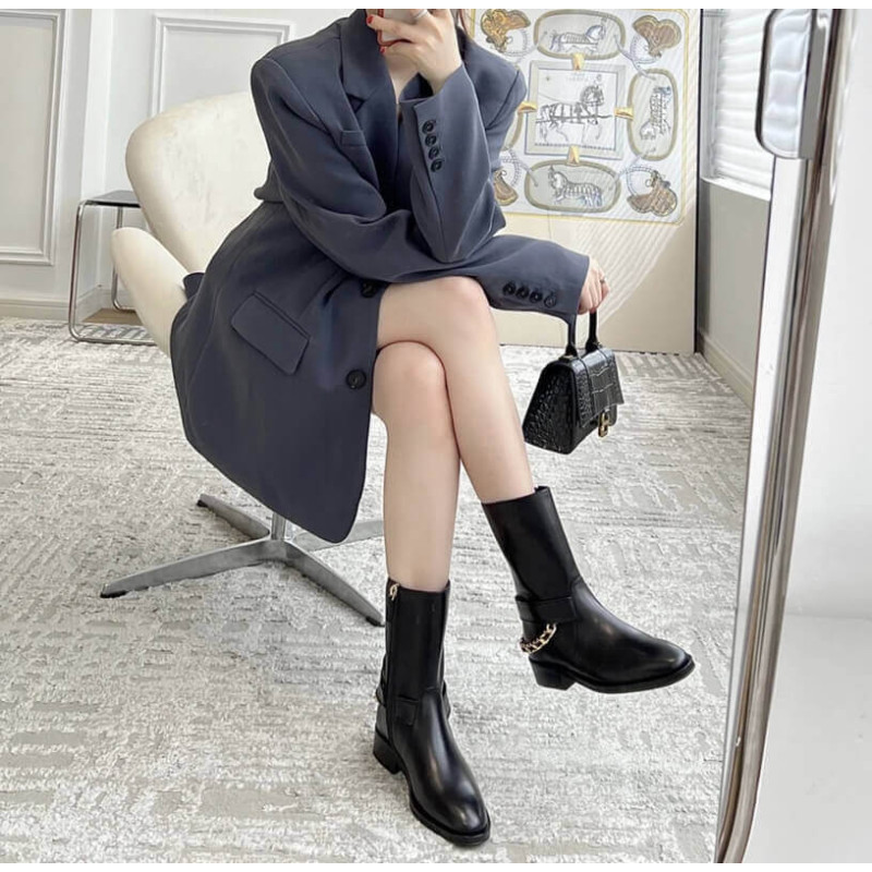 Ch**el Calfskin Chain Ankle Boots