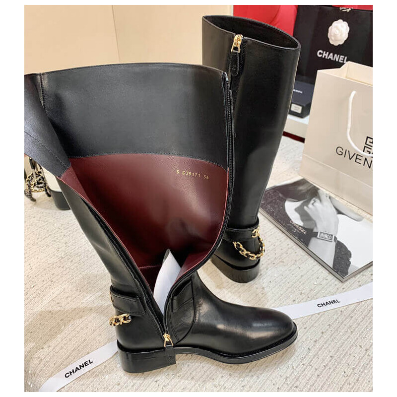 Ch**el Calfskin Chain High Boots