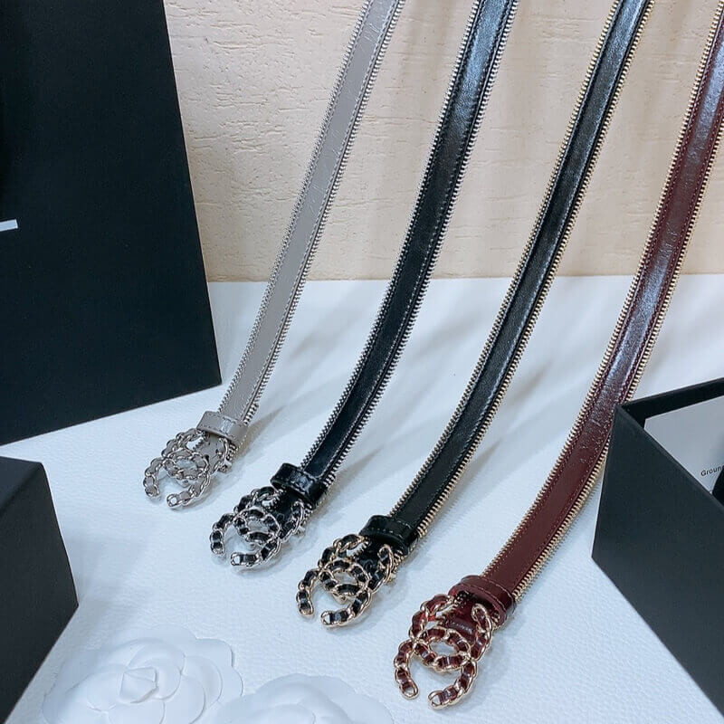 Ch**el Calfskin Belt Metal Double C Buckle 20mm