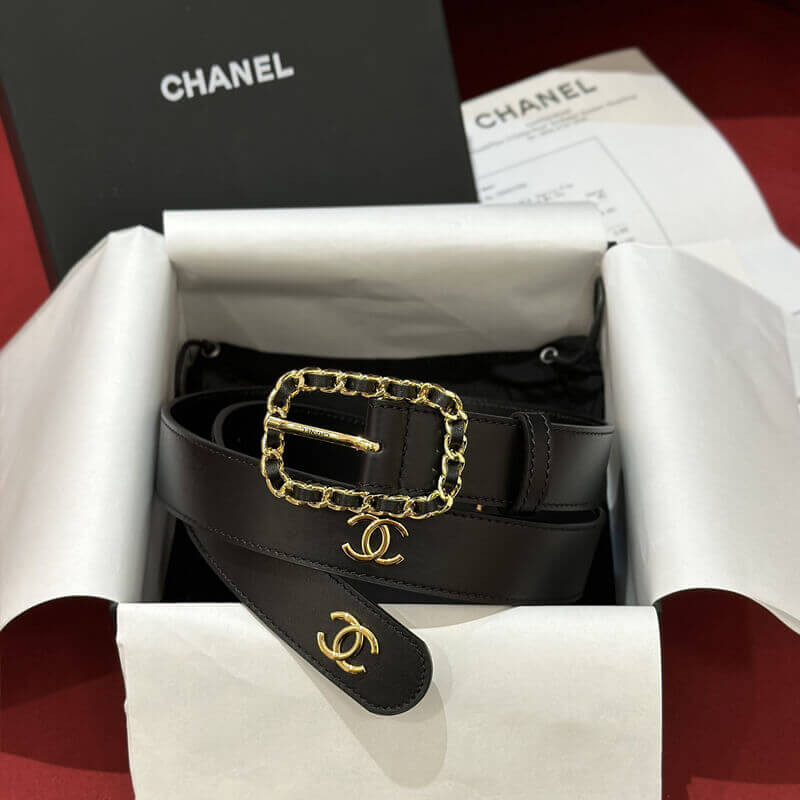 Ch**el CC Logo Leather Belt Black Gold