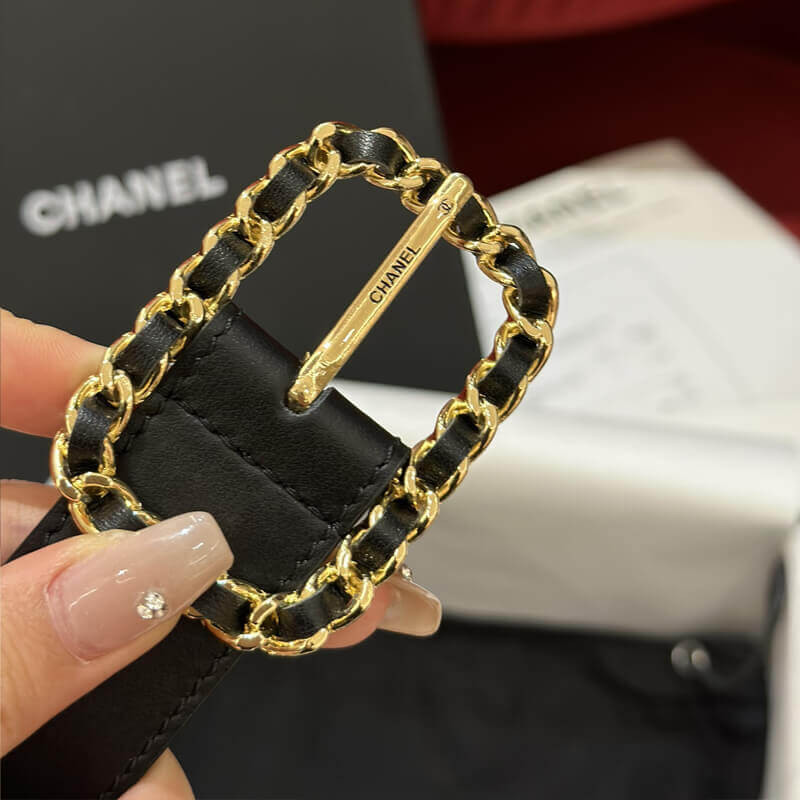 Ch**el CC Logo Leather Belt Black Gold