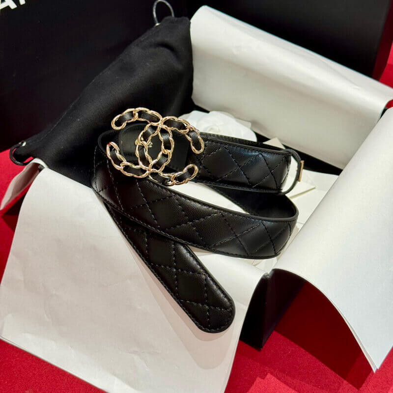 Ch**el Black Quilted Calfskin CC Chain Belt