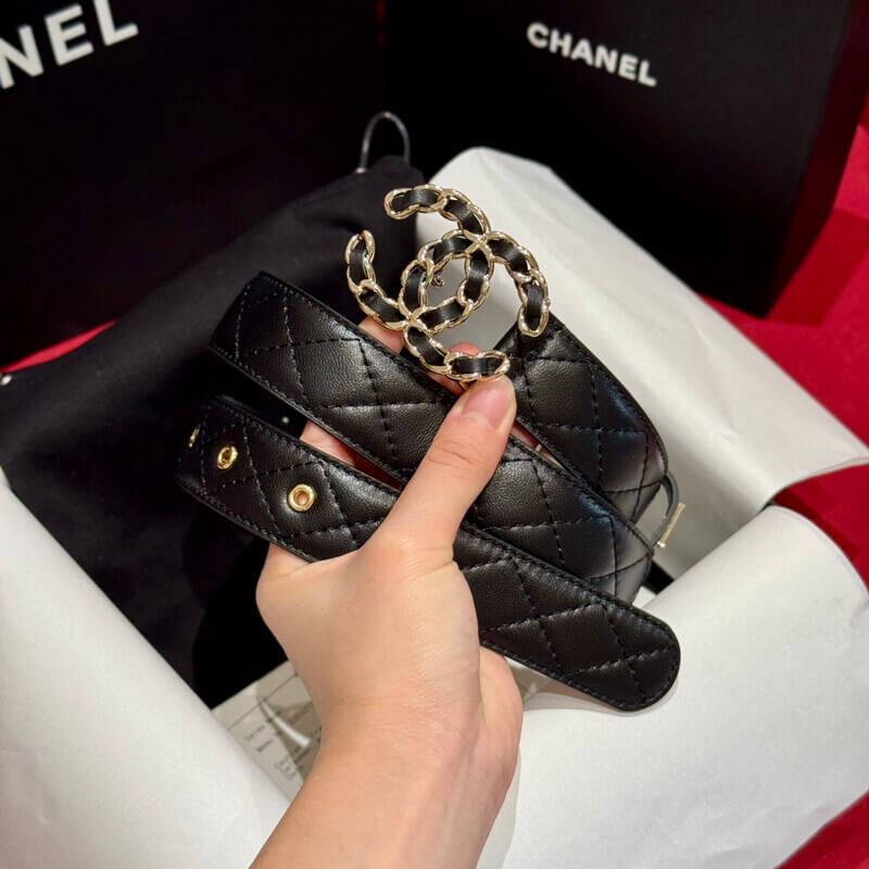 Ch**el Black Quilted Calfskin CC Chain Belt