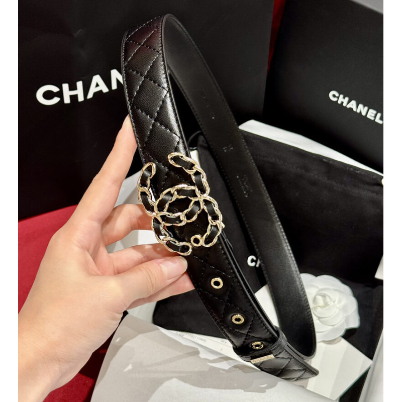 Ch**el Black Quilted Calfskin CC Chain Belt