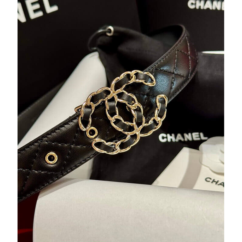 Ch**el Black Quilted Calfskin CC Chain Belt