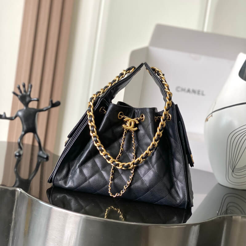 Ch**el 25 Small Hobo Bag Black Grained Calfskin AS5293