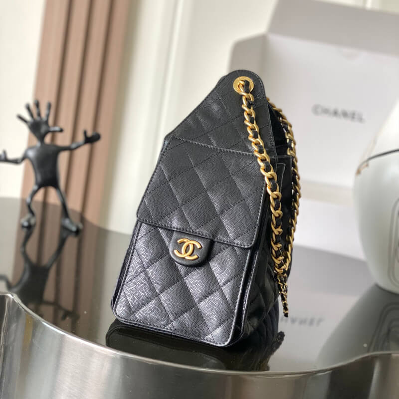 Ch**el 25 Small Hobo Bag Black Grained Calfskin AS5293