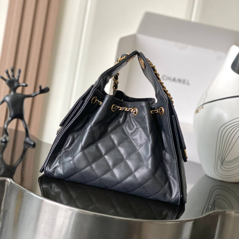 Ch**el 25 Small Hobo Bag Black Grained Calfskin AS5293