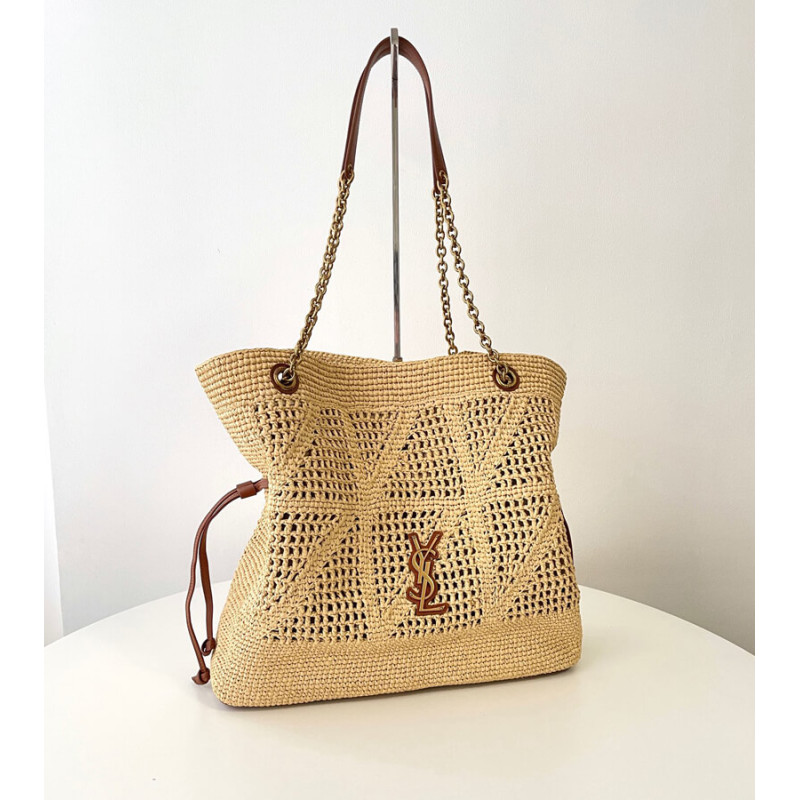 Sa1nt Lau*nt Jamie Leather-Trimmed Raffia Tote Bag