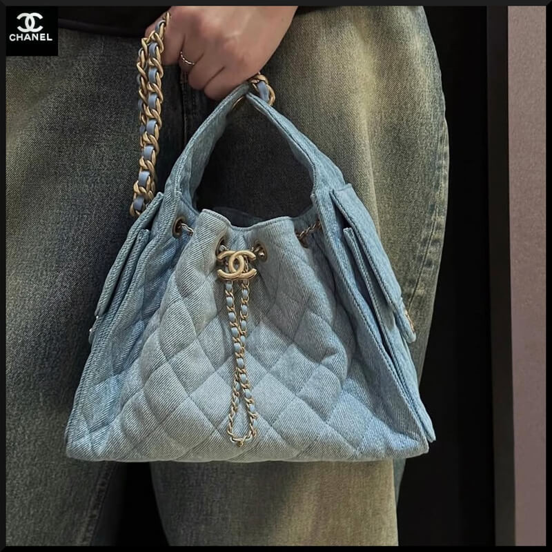 Ch**el 25 Small Handbag Hobo Washed Denim Blue