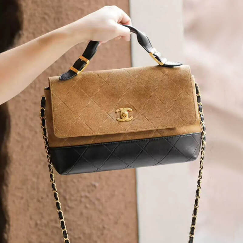 Ch**el 25 Large Top Handle Flap Bag Suede and Lambskin AS5637